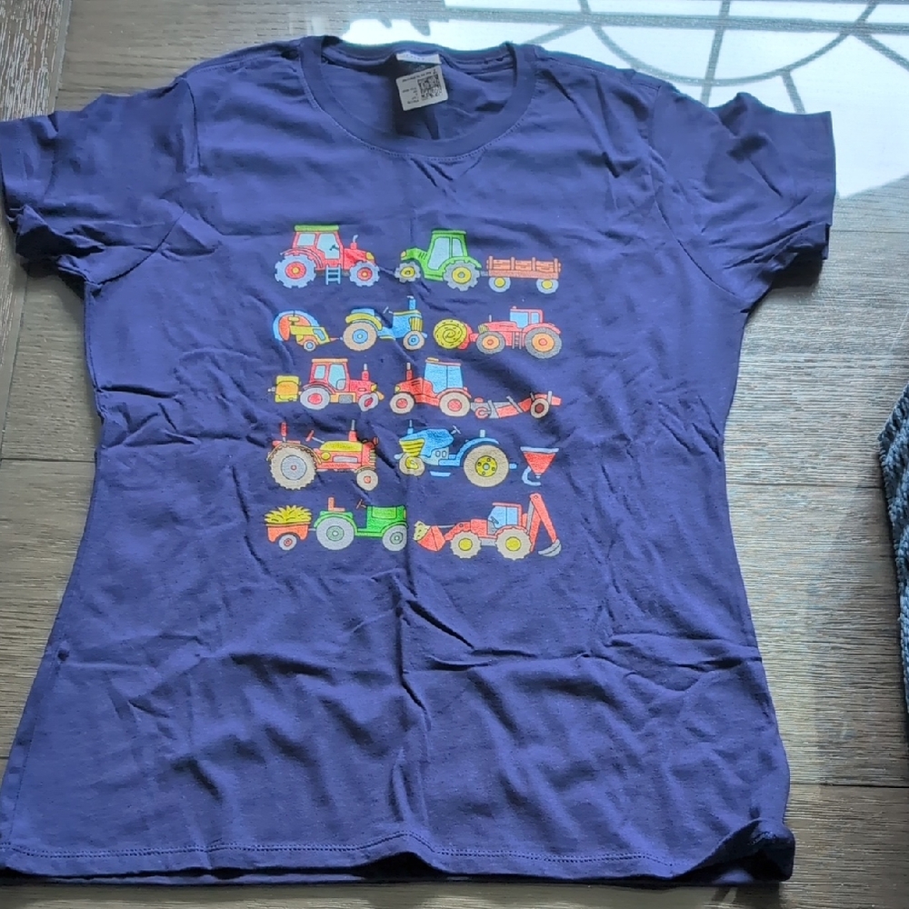 Blue T-Shirt with Colorful Tractor Print